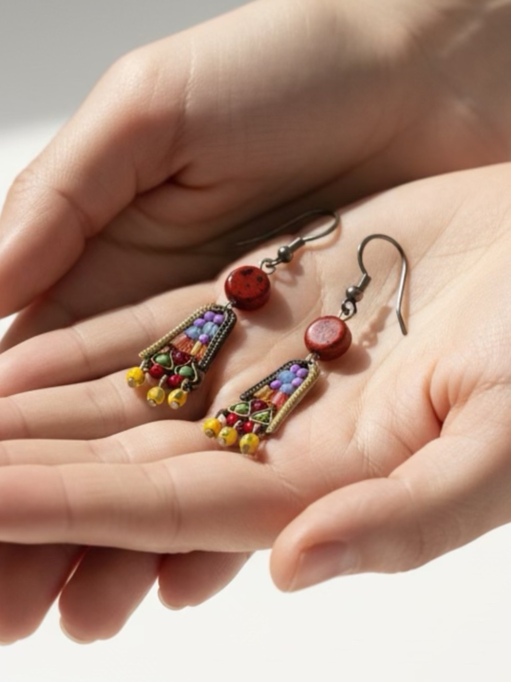 Vintage Ayala Bar Signed Colorful Dangle Earrings Boho Artisan Mosaic